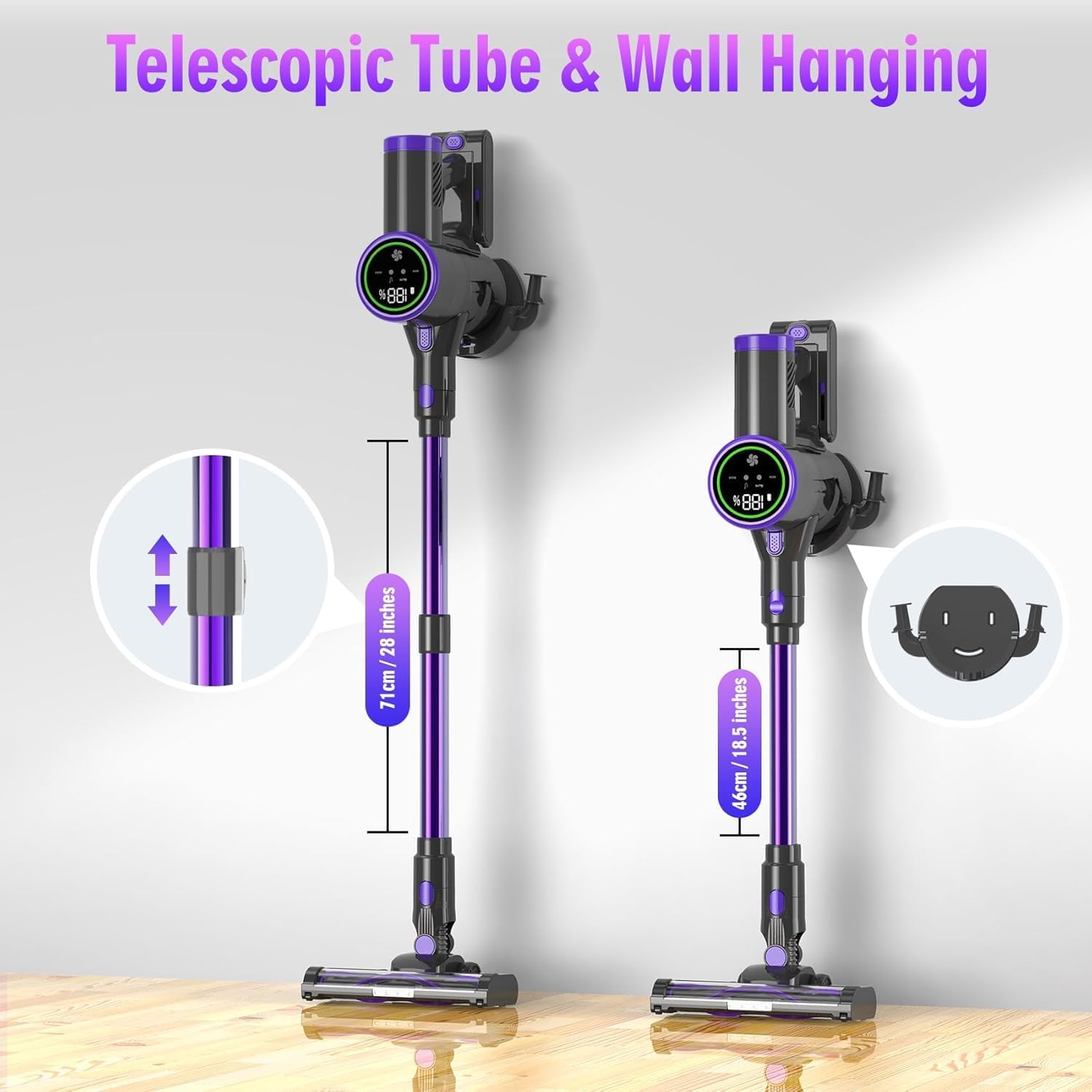 BIEIAO cordless vacuum cleaner highlighting its adjustable telescopic tube and wall-mounted storage. The vacuum is shown in two heights, 71 cm (28 inches) fully extended and 46 cm (18.5 inches) retracted, with a close-up of the adjustment mechanism. A wall-mounted bracket is depicted for convenient storage.