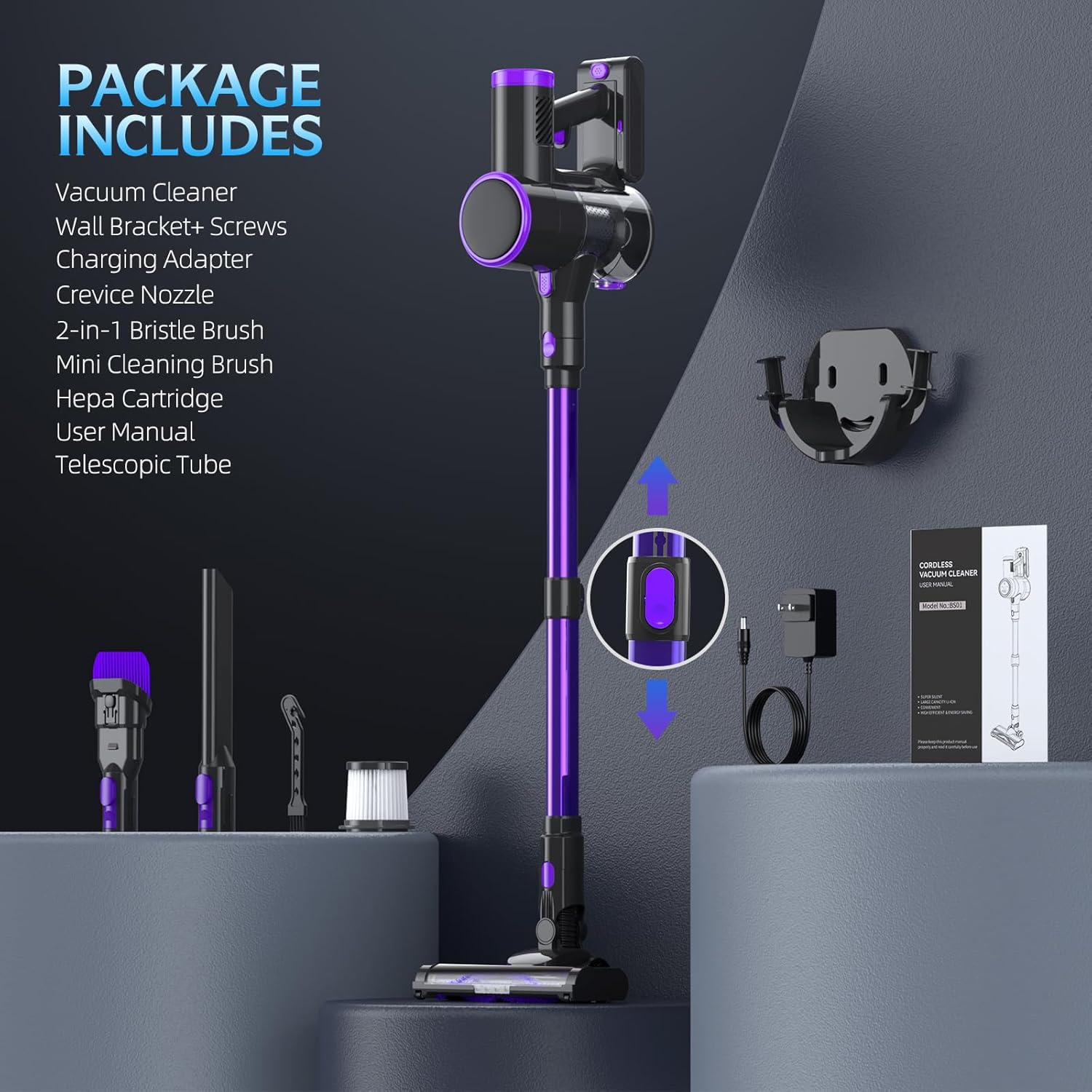 BIEIAO cordless vacuum cleaner package contents displayed, including the vacuum cleaner with a purple telescopic tube, wall bracket with screws, charging adapter, crevice nozzle, 2-in-1 bristle brush, mini cleaning brush, HEPA cartridge, and user manual. The vacuum cleaner is shown assembled, highlighting its sleek design and adjustable height feature.