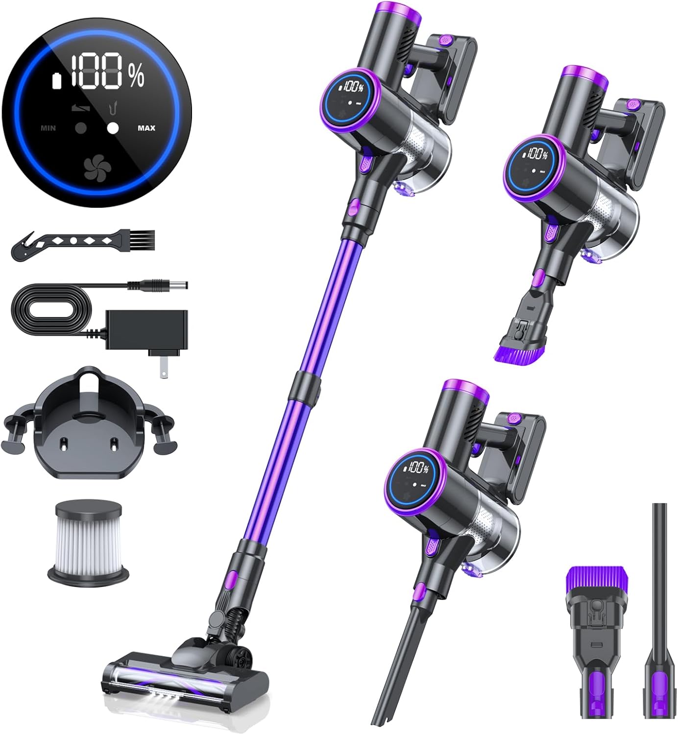 BIEIAO cordless vacuum cleaner in purple and black, showcasing various components including a digital display, multiple brush heads, charging cable, wall mount, and filter. The vacuum features a lightweight design with LED lights on the cleaning head and a detachable handle for versatile cleaning modes.