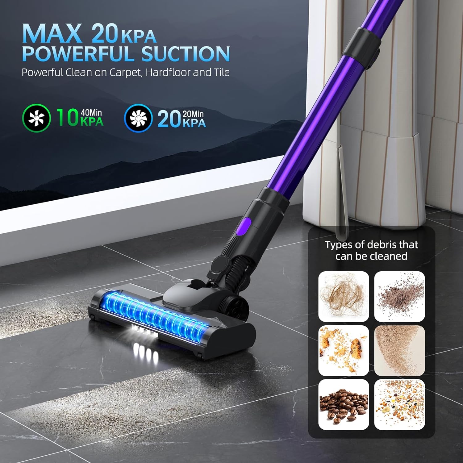 BIEIAO cordless vacuum cleaner showcasing its powerful 20 kPa suction capability. The vacuum is demonstrated cleaning a tiled floor, with LED lights on the cleaning head for better visibility. The image highlights cleaning modes: 10 kPa for 40 minutes and 20 kPa for 20 minutes. A side panel illustrates the types of debris it can clean, including hair, dust, crumbs, fine particles, coffee beans, and sand