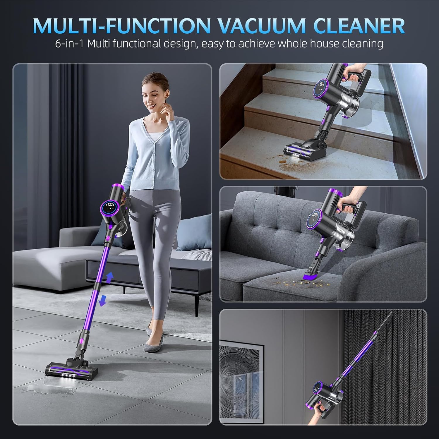 BIEIAO multi-function cordless vacuum cleaner showcasing its 6-in-1 design for whole-house cleaning. Images depict various use cases: cleaning floors with the main vacuum, stairs with a smaller attachment, furniture with a crevice tool, and curtains with an extended telescopic tube. A woman is shown using the vacuum in a modern living room.